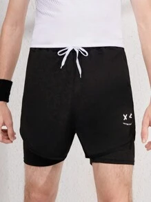 Teen Boy Smiling Face Print Sports Shorts Set, Two Pieces Look - Black - View 5