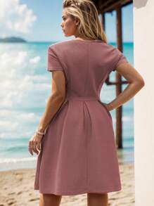 1pc Women's Solid Color Vintage Flared Cocktail Dress - Dusty Pink - View 2