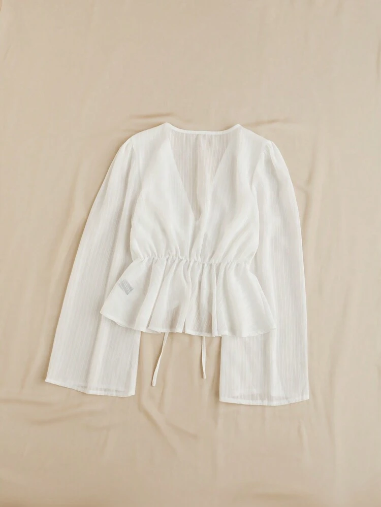 V-Neckline Tie Waist Bell Sleeve Shirred Hem Blouse With Ruffle Trim