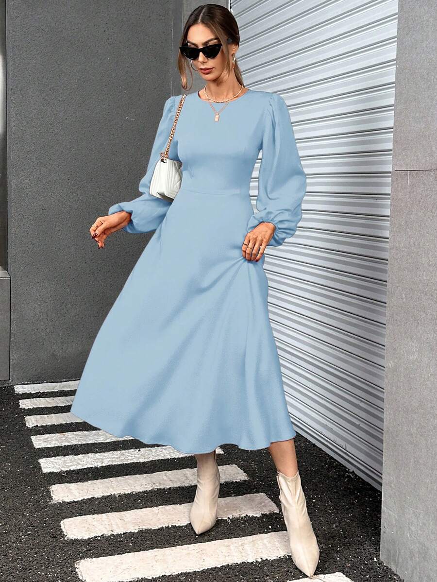 SHEIN Essnce 女性春夏季純色圓領燈籠袖優雅寬鬆洋裝 - 淺藍色 - 查看 1