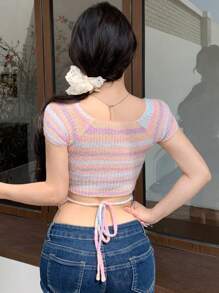 DAZY 女士春夏條紋方領短袖針織上衣 - 粉色 - 查看 5