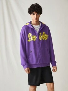 Manfinity VCAY Men Spring And Autumn Casual Hooded Sweatshirt With Zipper And Expression & Letter Print, For Fall Winter - Purple - View 2