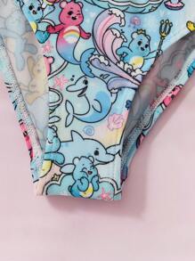 SHEIN X Care Bears 年轻女孩可爱卡通熊印花荷叶边袖孔比基尼套装夏季海滩 - 藍色 - 查看 4