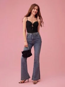 Enchnt Bộ đồ liền thân có dây đeo spaghetti trang trí màu trơn dành cho nữ thanh lịch cho mùa hè - màu đen - Xem 4