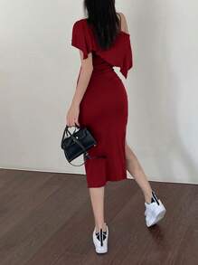 INAWLY Women Elegant Slim Fit Split Hem Cami Dress And Short Front Flap Jacket Set