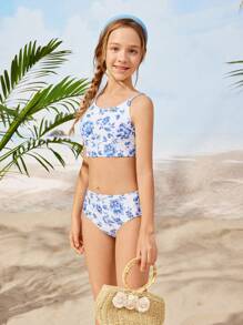Tween Girl Random Printed Floral Beach Vacation Bikini Set - White - View 6