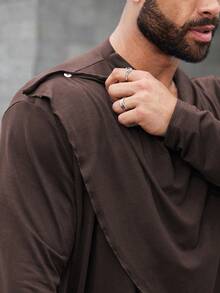 Manfinity Homme Men\ Plus Size Solid Color Wrap Asymmetric Hem Long Sleeve Casual Shirt - Coffee Brown - View 7