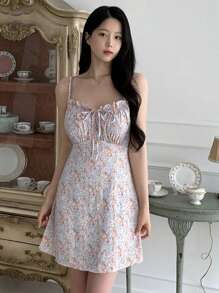 DAZY Ladies' Short Floral Printed Spaghetti Strap Pure Summer Dress - Pink - View 1