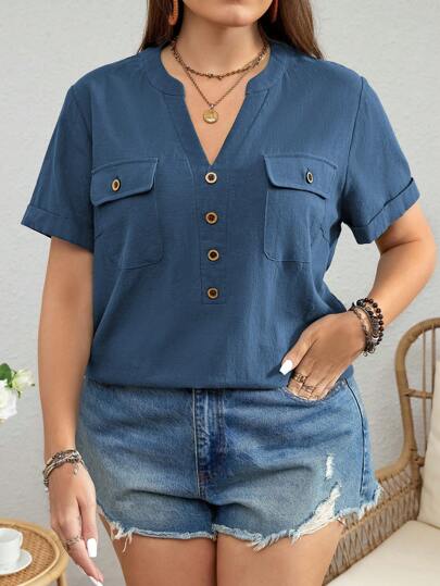 SHEIN LUNE Camisa Workwear Folgada Plus Size para Mulheres com Decote V Chanfrado, Decoração de Botão e Bolsos para Verão