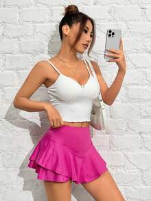 SHEIN PETITE Falda corta rosa para mujeres tejida a mano, amigable con la piel, de alta elasticidad - Rosa Fucsia - Ver 3