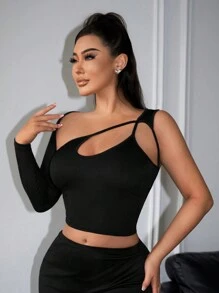 SHEIN SXY x STAS Sexy Hollow Out One Shoulder Crop Top For Women At Country Music Festival - Black - View 11