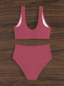 SHEIN Swim 女性夏季海灘純色環扣細節簡約時尚比基尼套裝，適用於假期度假 - 藕粉色 - 查看 2