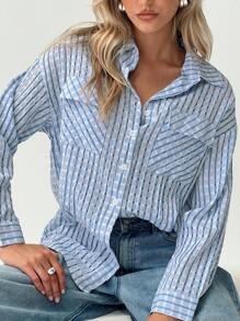 SHEIN Unity 寬鬆格紋紋理鈕扣前衛衫 - 藍色 - 查看 1