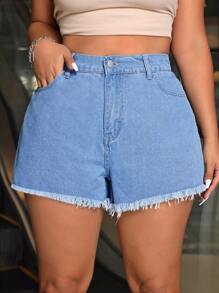 SHEIN ICON 夏季加大碼休閒火焰刺繡短牛仔褲，磨邊設計 - 淺色水洗藍 - 查看 6