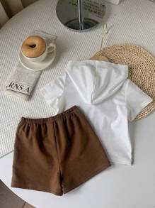 SHEIN Bé Trai Bé Gái Hoạt Hình Họa Tiết Gấu Có Mũ Trùm Đầu Áo Nỉ Tay Ngắn Có Huy Hiệu Trang Trí & Quần Short Thường Ngày 2 Cái/bộ - Cà phê nâu - Xem 2