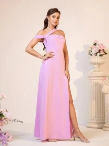 SHEIN Belle 優雅女性斜肩褶皺高開叉伴娘禮服 - 粉色 - 查看 6