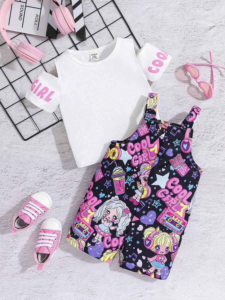 SHEIN Baby Girls' Leisure Solid Color Round Neck Stylish Off-Shoulder Short Sleeve Top And Cute Cartoon Digital Printed Suspenders Shorts Set, Summer - Multicolor - View 1