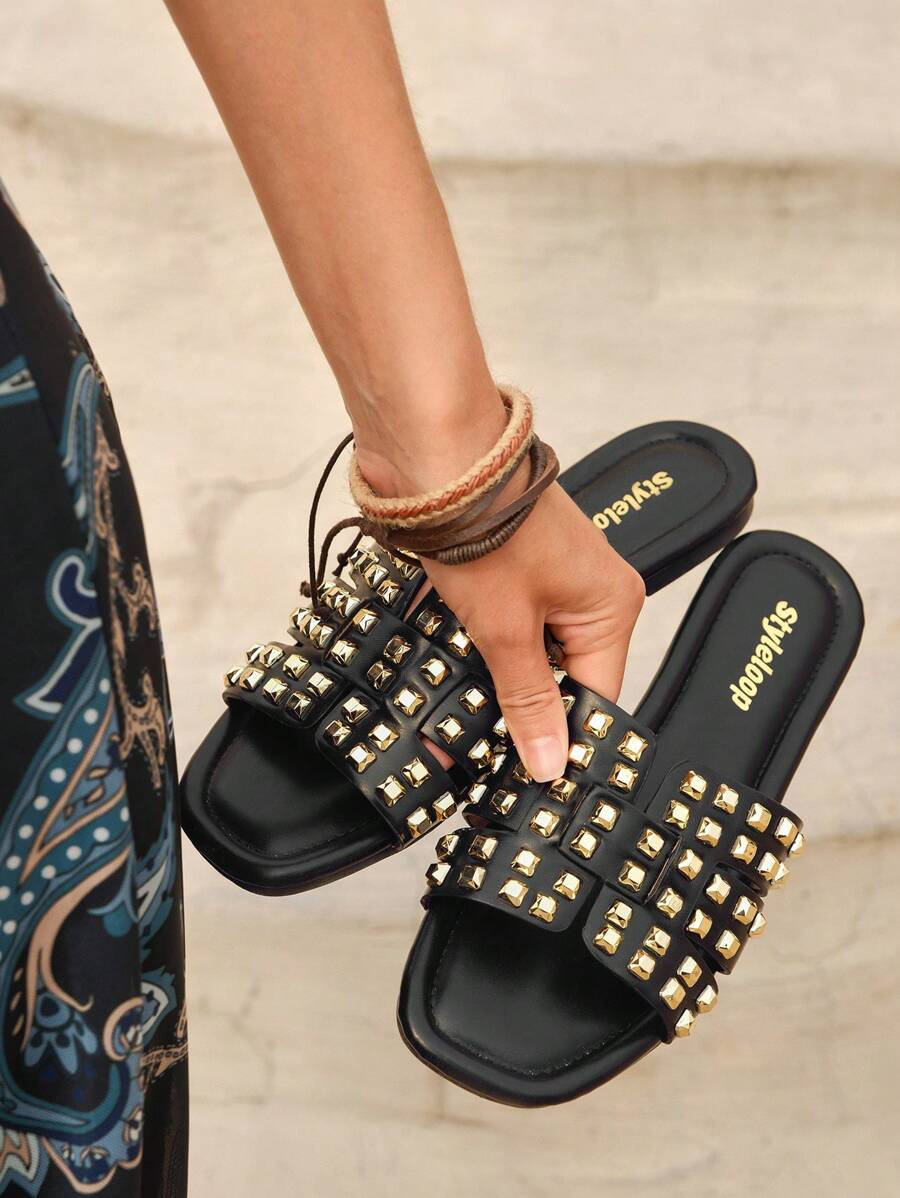 Styleloop Fashionable Women's Punk Black Studded Outdoor Shopping Party Music Festival Flat Sandals Vacation Shoes Summer Boho Feels Vintage Cottagecore Frenchy Shoes Spring Shoes Spring Break Easter - Black - View 1