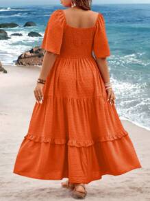 Breezaya Plus Size Women Seaside Vacation Square Neck Ruffle Short-Sleeve Textured Cutout Long Dress