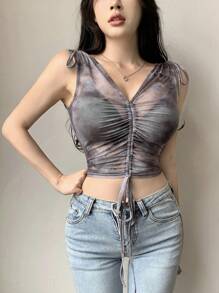 Dazy Designer Women Drawstring V-Neck Sheer Printed Tank Top Sexy Women Tops - Multicolor - View 9