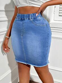 SHEIN SXY Plus Size Denim Độ đàn hồi cao Váy dài đến đầu gối đa năng thông thường - Màu xanh lam - Xem 4