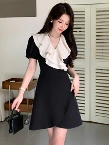 DAZY Women Fashionable And Elegant Short Dress With Ruffle Hemline Sundress - Black - View 3