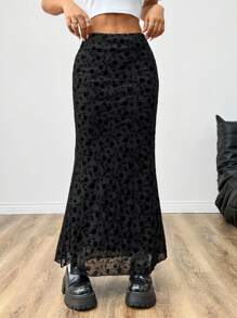 SHEIN EZwear 女士花卉印花網紗高低A字裙 - 黑色 - 查看 6