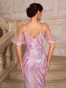 SHEIN Belle Damen wunderschönes, elegantes und würdevolles, lotusrosa glänzendes, luxuriöses Wendersequin-Gewebe Spaghettiträger-Trägerloses Kleid mit tiefem V-Ausschnitt und Fishtail Saum. Eltern-Kind-Kleider geeignet für elterliche Aktivitäten, Hochzeitssaison, Muttertag, Musikfestival, Abschlussfeier Abendball-Party, formale Code Frauen Abend- und Abschlussballkleider. - Altrosa - Übersicht 7