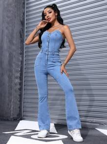 SHEIN EZwear Women Music Festival Spring/Summer Denim Overalls And Jumpsuits - Medium Wash - View 2