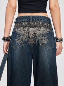 ROMWE Grunge Punk Wings & Skull Embroidered Loose Wide-Leg Boy Friend Jeans For Women - Dark Wash - View 2