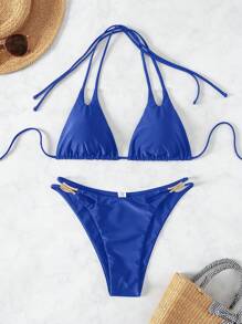 SHEIN Swim 夏季沙灘女性純色頸掛頸帶比基尼套裝 - 寶藍色 - 查看 8