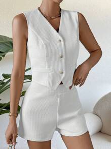 SHEIN Privé Solid Color Vest Suit Jacket With Front Button Closure V-Neck And Shorts Set - White - View 5