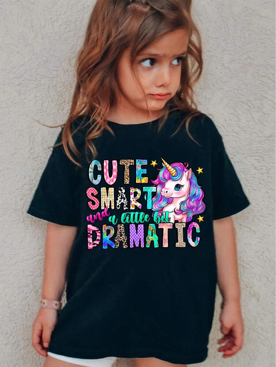 SHEIN Young Girls' Short Sleeve T-Shirt With Colorful Printed Letters - Black - View 1