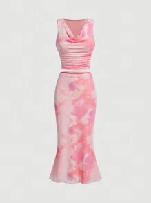 SHEIN MOD 扎染心形领吊带背心和长裙套装 - 彩色 - 查看 1