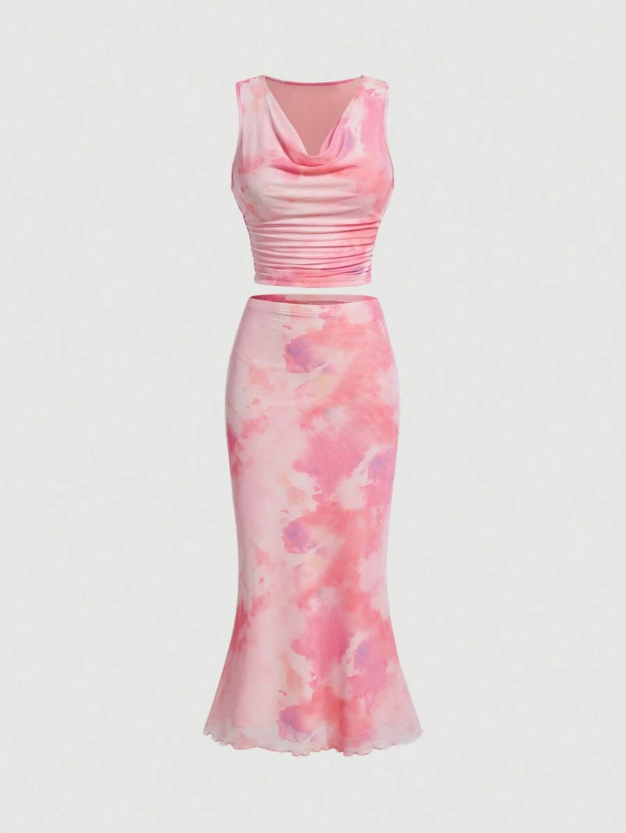 SHEIN MOD 扎染心形领吊带背心和长裙套装 - 彩色 - 查看 1