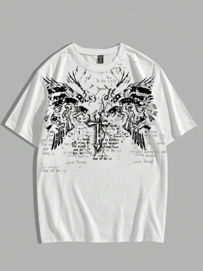 Goth Men's Cross & Slogan Printed Short Sleeve T-Shirt For Halloween, School, 2000s Style