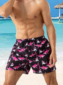 Manfinity Shorts de playa con cordón de cintura, estampado gráfico de tiburón, para hombre, para vacaciones