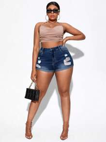 Slaydiva Plus Size Women\ Casual Denim Shorts With Pockets, Distressed And Rolled Hem - Dark Wash - View 5