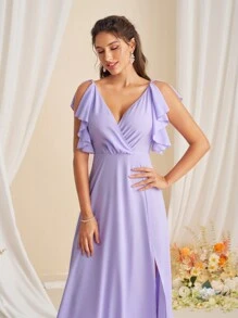 SHEIN Belle 女士时尚 V 领荷叶边开叉伴娘礼服 - 紫羅蘭色 - 查看 4