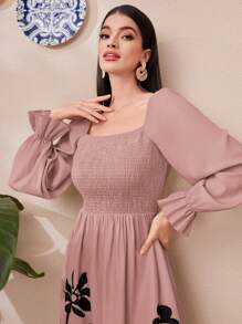 Seusyu 女士方領花卉燈籠袖度假春夏裙 - 粉色 - 查看 4