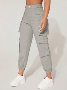 SHEIN PETITE Cao eo Túi có nắp Quần jean chở hàng - Xám - Xem 4