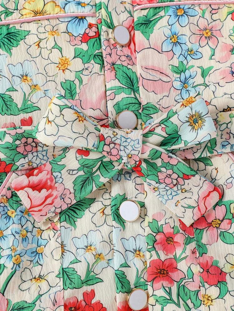 Holiday Style Baby Girls Flower Print Romper With Lapel Collar, Open Front & Bowknot Tie, Cute, Fashionable And Elegant For Summer