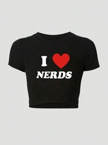 INAWLY Camiseta de manga corta con cuello redondo, diseño vintage de patrón de letras americanas, camiseta informal con gráfico "I Love NERDS" para mujer