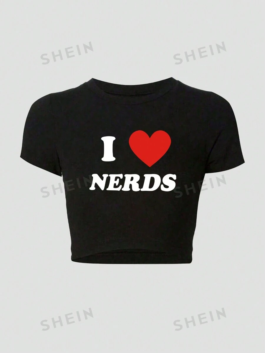 INAWLY Camiseta de manga corta con cuello redondo, diseño vintage de patrón de letras americanas, camiseta informal con gráfico "I Love NERDS" para mujer