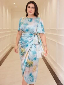 Modelyn 大码圆领系腰荷叶边袖休闲日常装春夏连衣裙长款晚礼服 - 彩色 - 查看 1