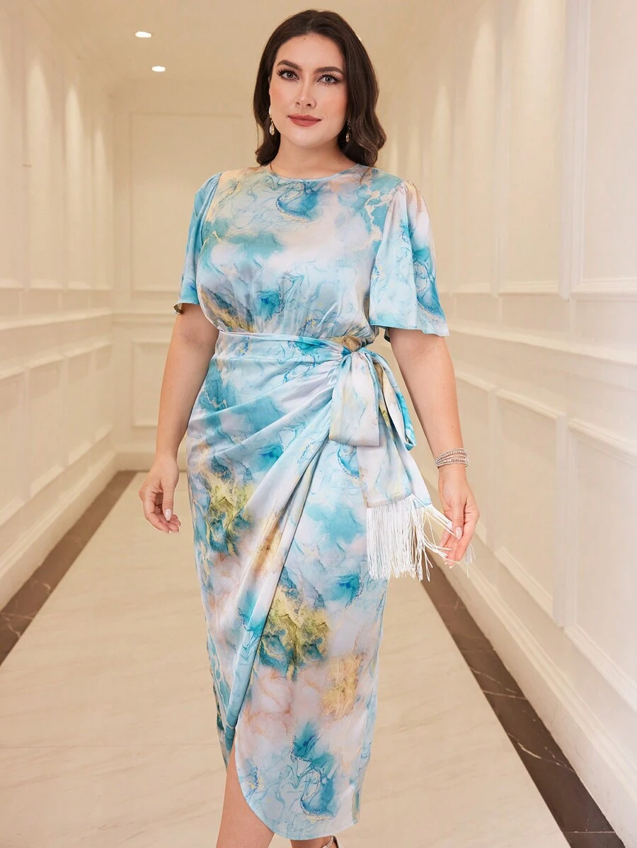 Modelyn 大码圆领系腰荷叶边袖休闲日常装春夏连衣裙长款晚礼服 - 彩色 - 查看 1