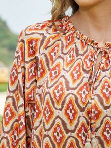 Women Printed Long-Sleeve Dress For Summer Musical Festival - Coral Orange - View 6