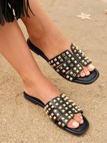 Styleloop Fashionable Women's Punk Black Studded Outdoor Shopping Party Music Festival Flat Sandals Vacation Shoes Summer Boho Feels Vintage Cottagecore Frenchy Shoes Spring Shoes Spring Break Easter - Black - View 5