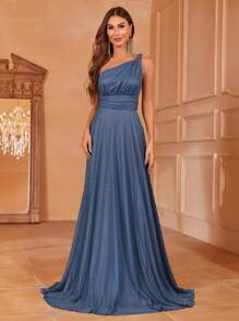 Faeriesty Vestido de noche formal elegante de un solo hombro con cintura ajustada y falda fluida - Elegante vestido maxi de primavera-verano para alfombra roja, bodas, galas y fiestas de etiqueta