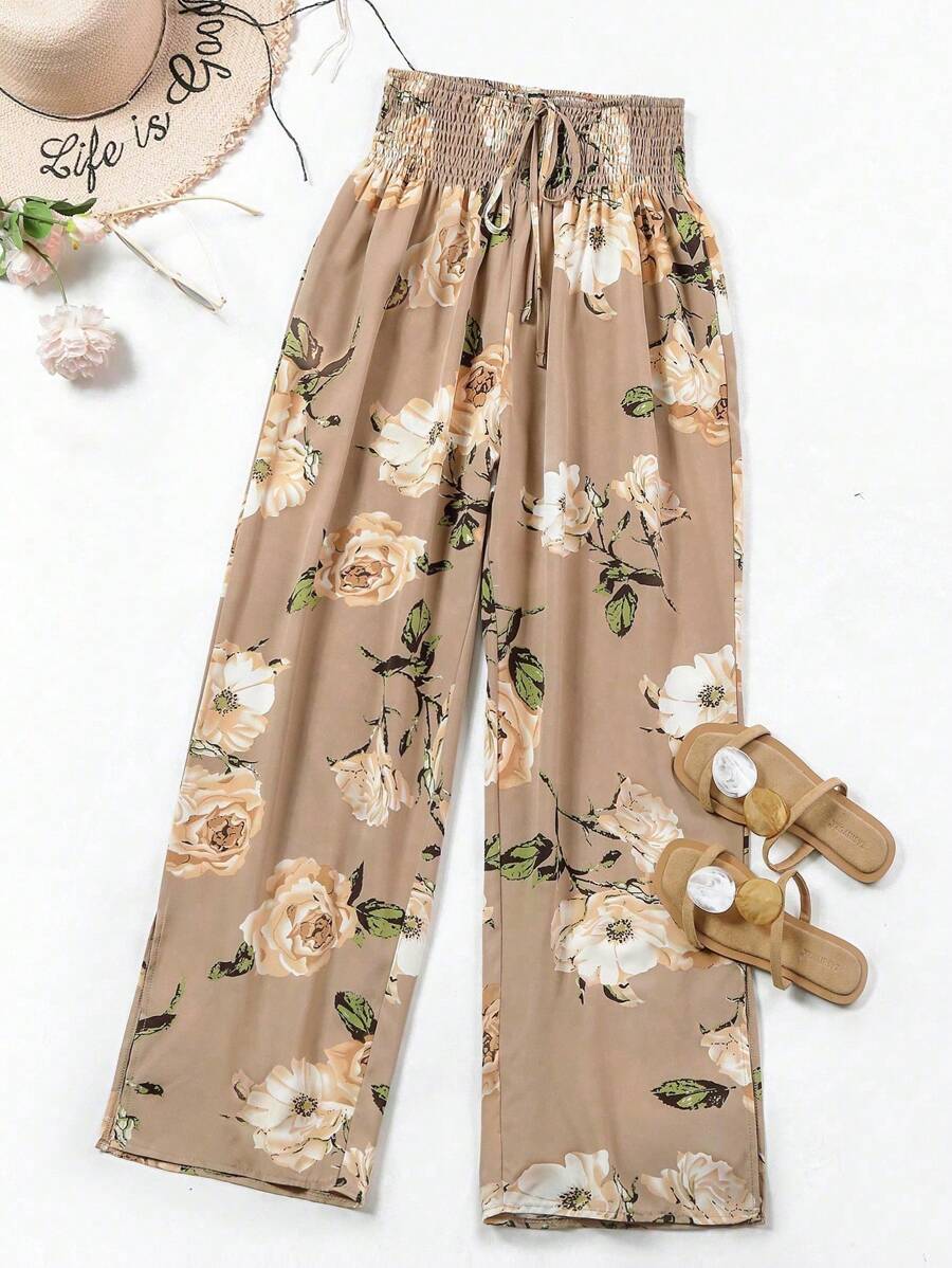 Breezaya Holiday Flower Print Drawstring Waist Casual Straight-Leg Pants Beach Fall Cloth For Women - Khaki - View 1
